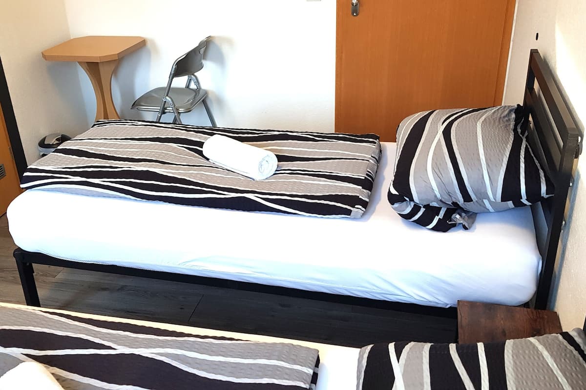 A single bed with a zebra-striped bedspread and pillows, a bedside table, a chair, and a wooden door.