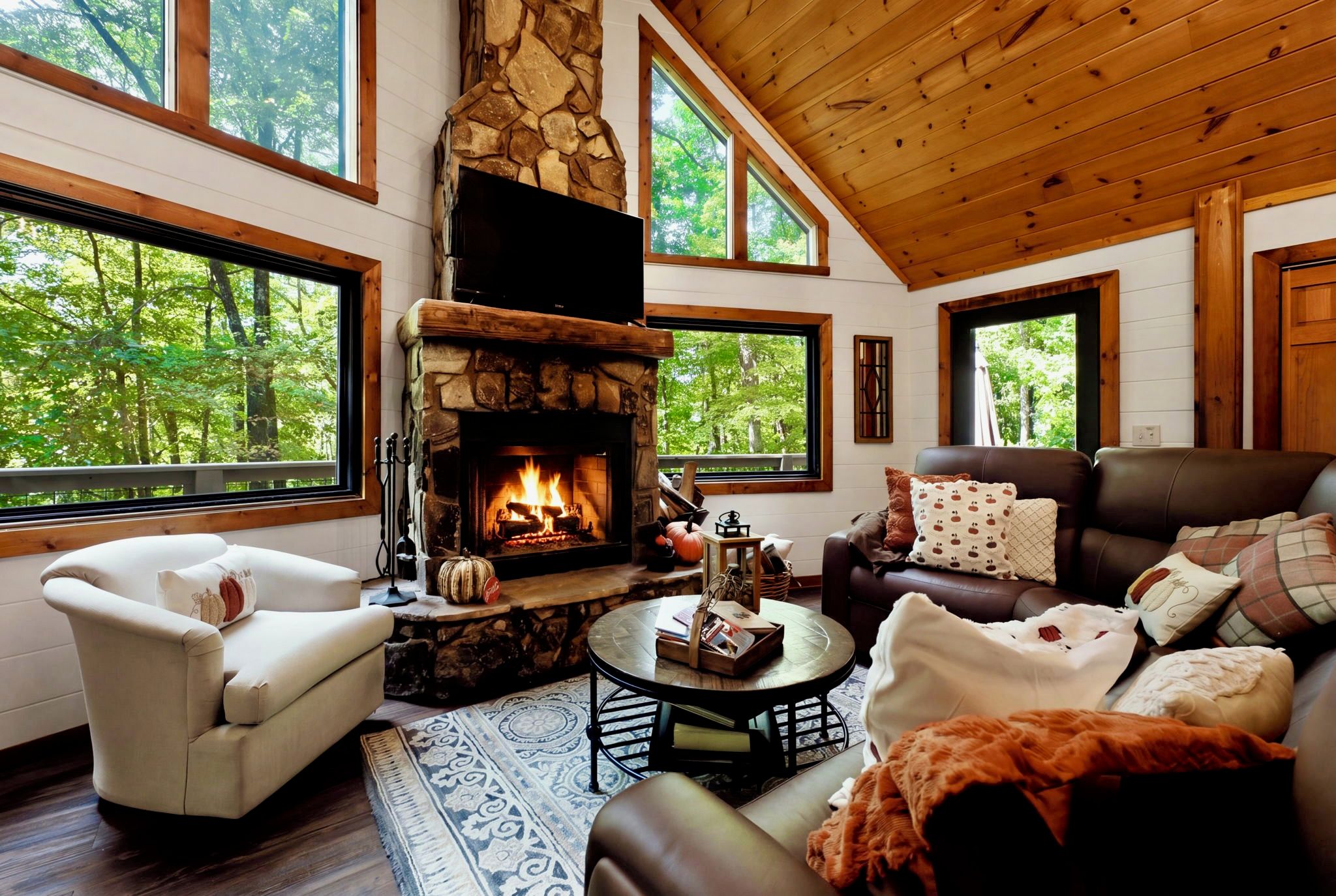 Una sala de estar acogedora con chimenea de piedra, mobiliario de cuero y grandes ventanales con vistas a un bosque.