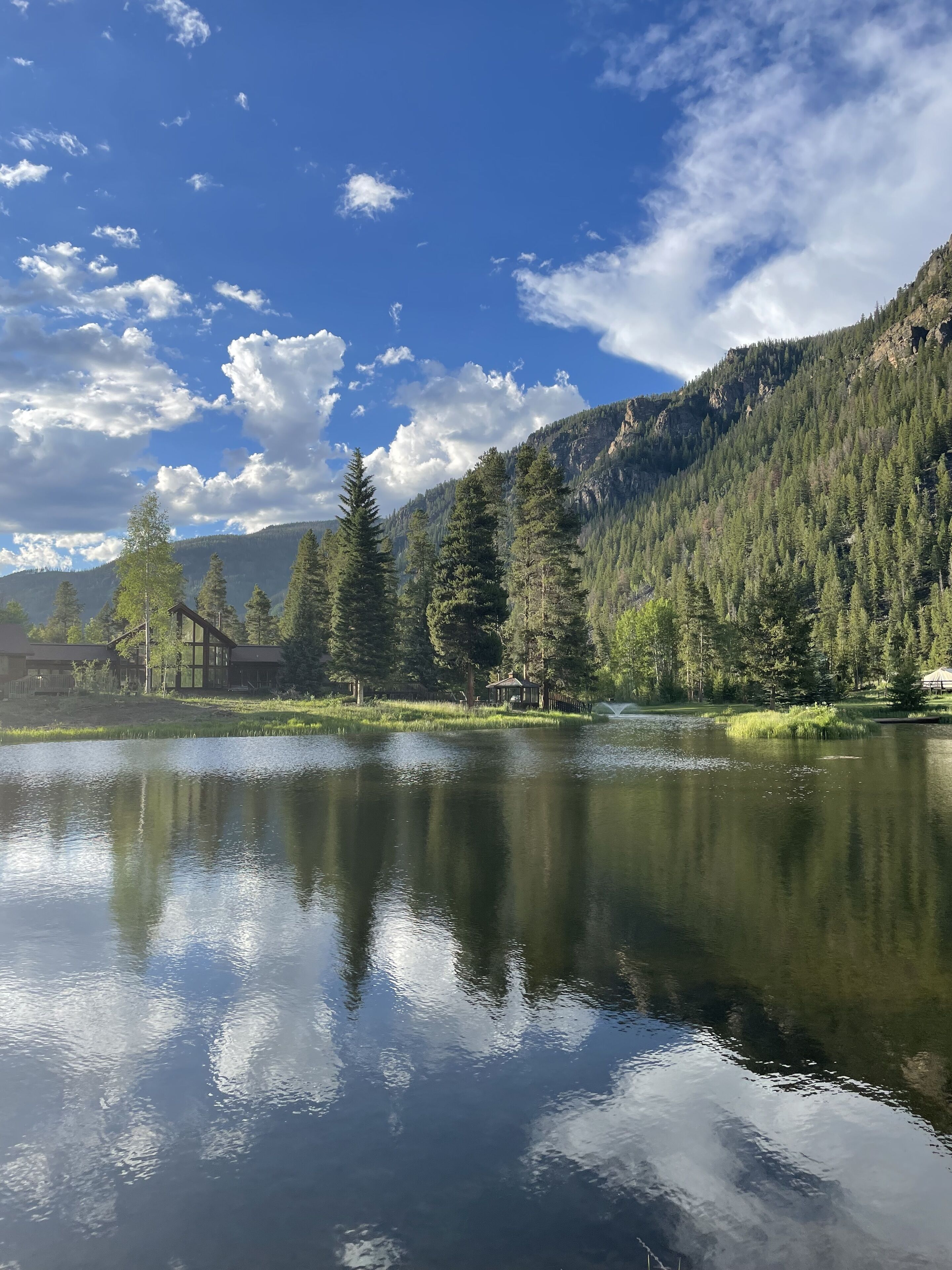 A serene lake with reflections of trees and a mountain backdrop, surrounded by a forested area and a small building.