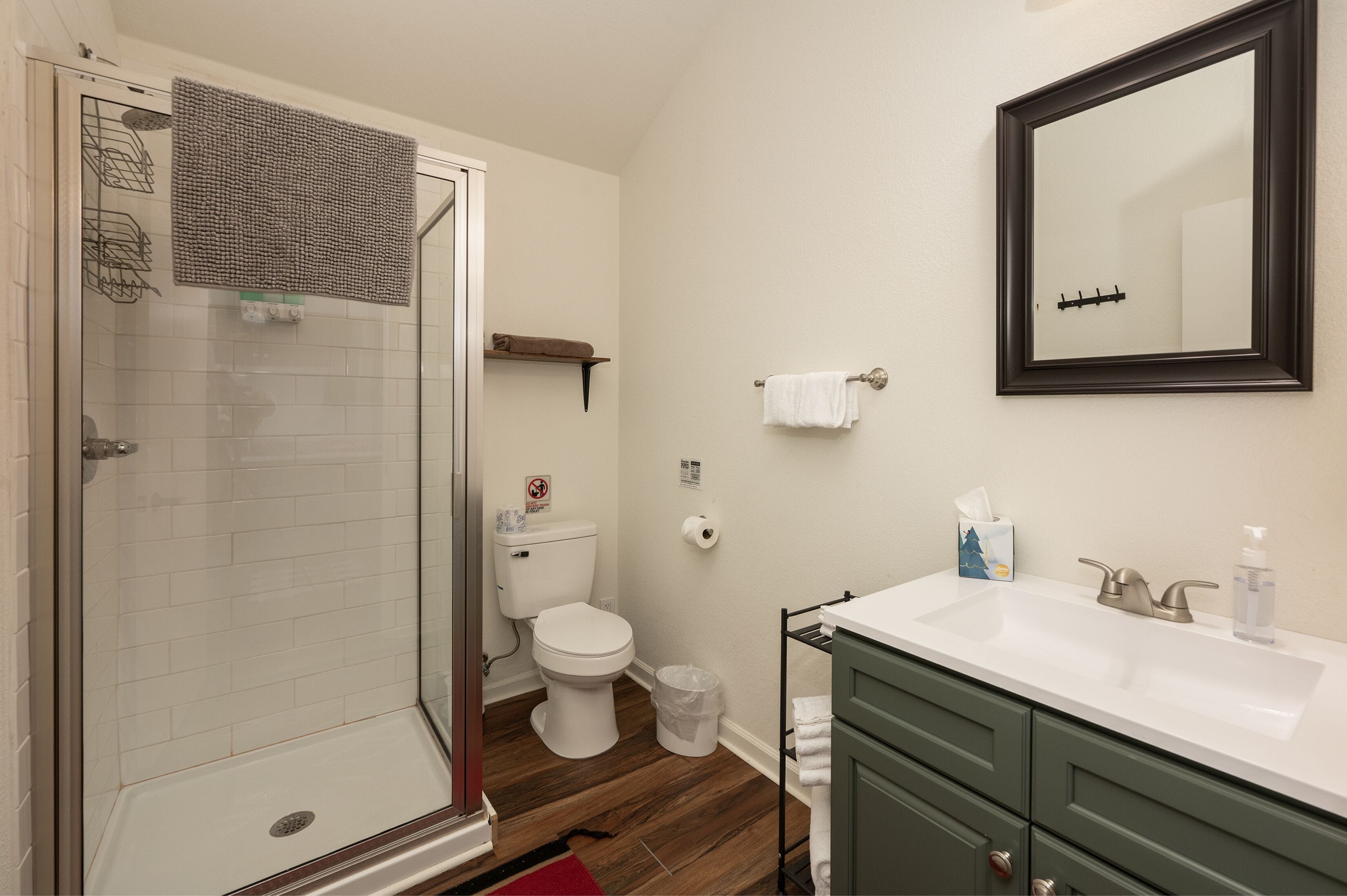 A bathroom with a glass shower enclosure, a toilet, a sink with a mirror, and a towel rack.