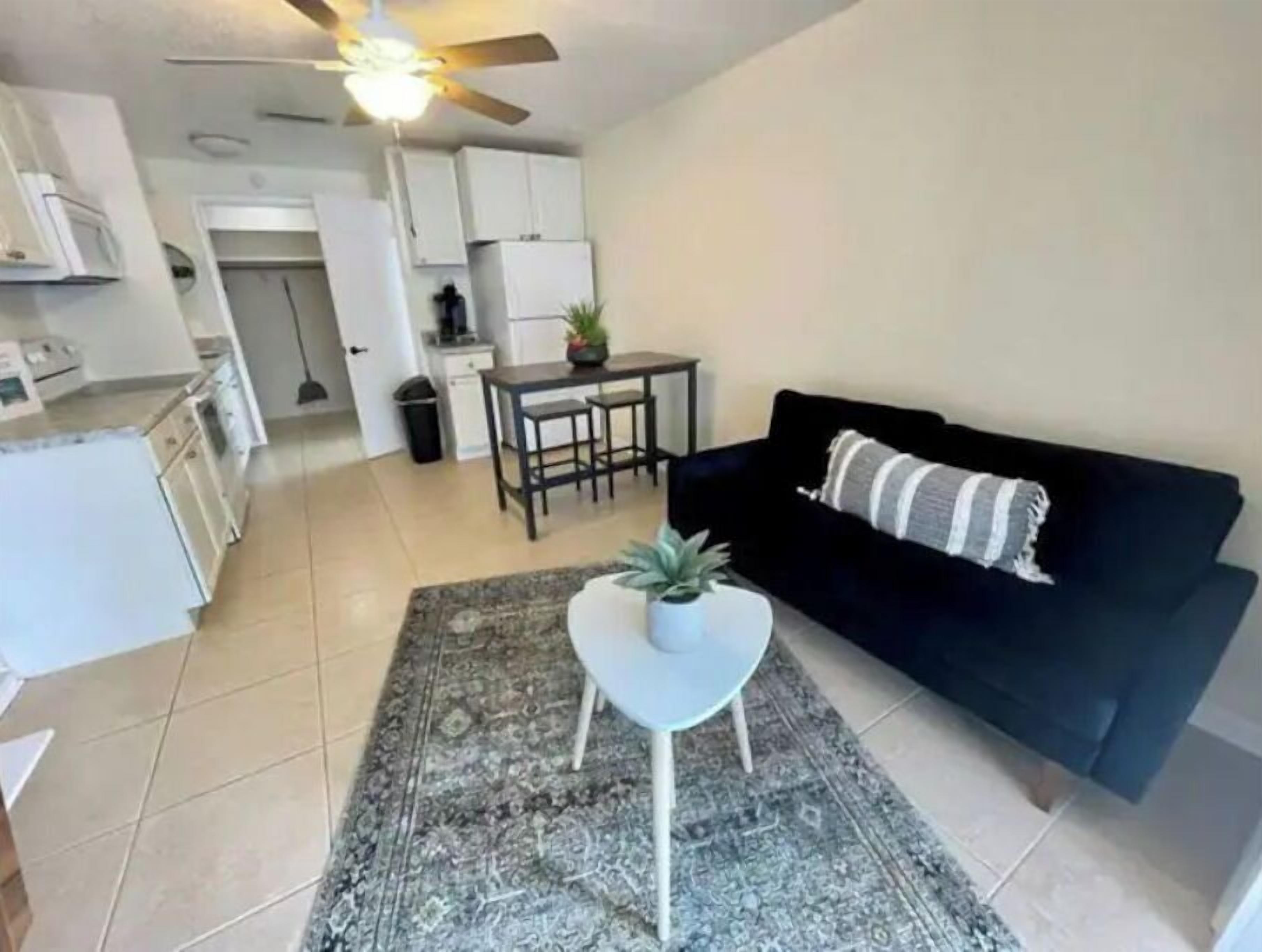 Una sala de estar moderna con un sofá negro, una mesita blanca con una planta y una alfombra estampada.