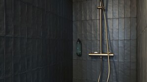 Ducha con cabezal de ducha de mano y panel de control en la pared.