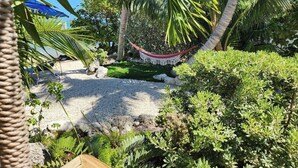 A garden area with a hammock, palm trees, and a gravel path. - Peaceful ocean front cottage. (Summerland Key)