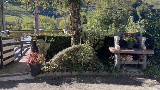 A wooden deck with a bench and a table, surrounded by greenery and a tree.