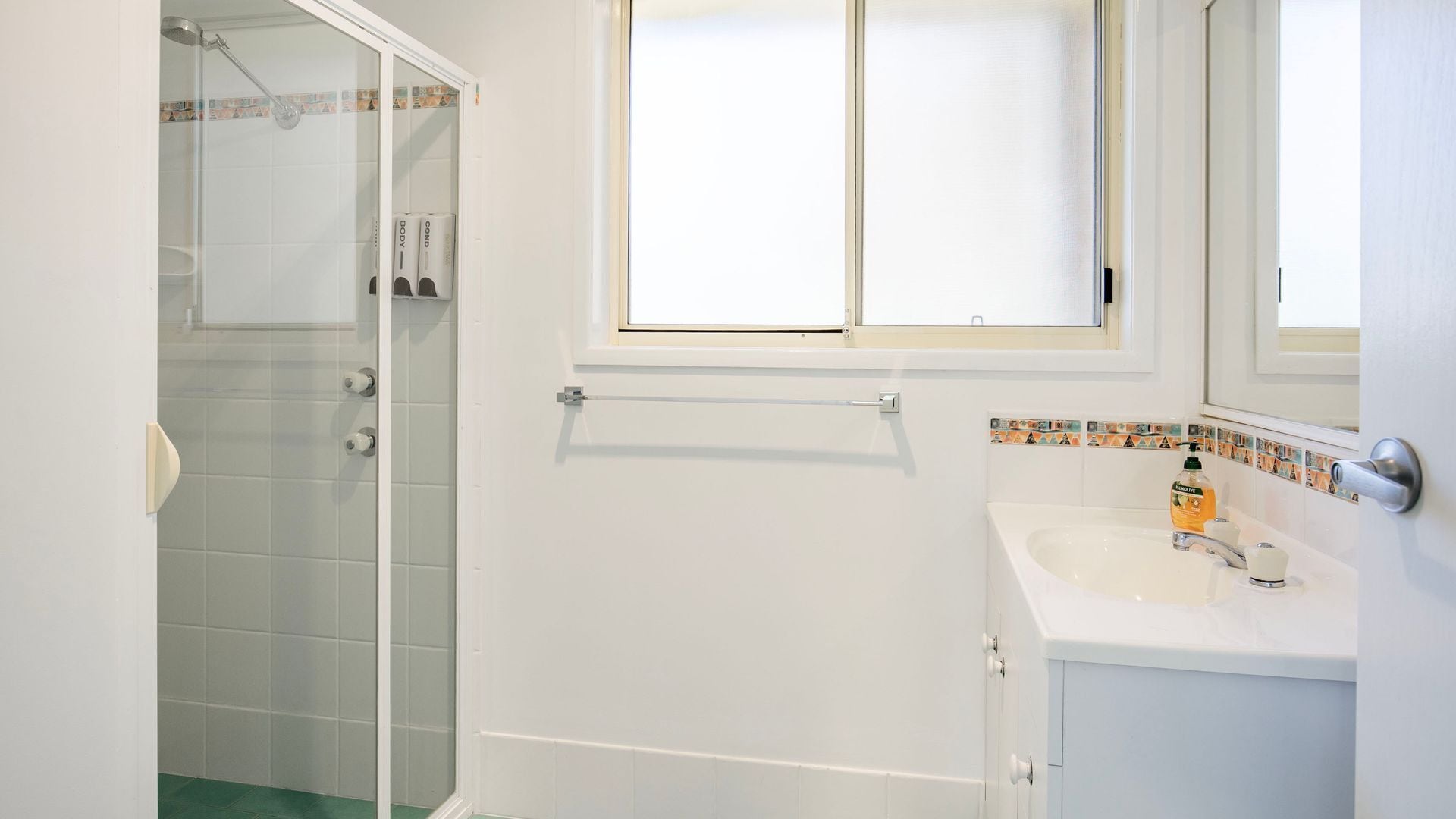 A bathroom with a shower, a sink, and a mirror.