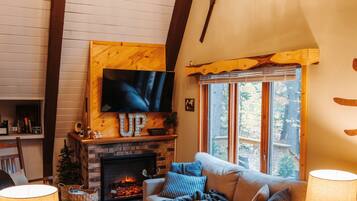 TV connectée, cheminée, jeux vidéo, livres