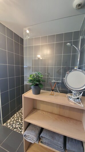 Douche, sèche-cheveux, serviettes fournies, papier toilette