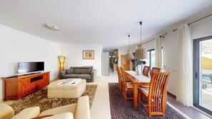Smart TV, fireplace, video games, DVD player