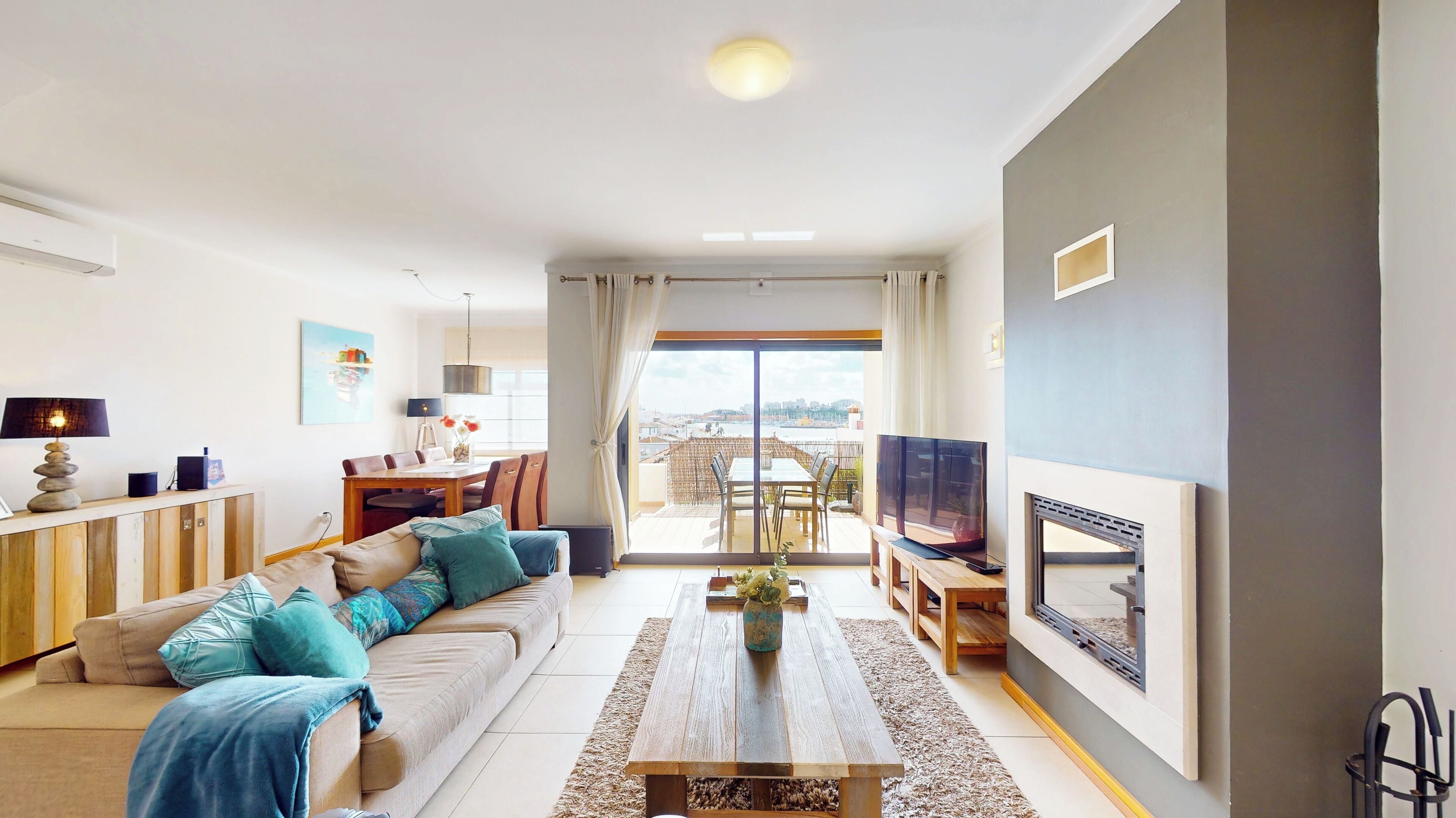 Smart TV, fireplace, video games, DVD player