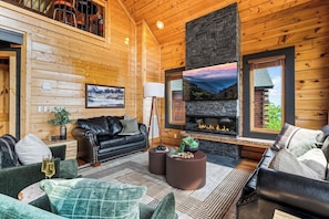 Smart TV, fireplace, video games, DVD player