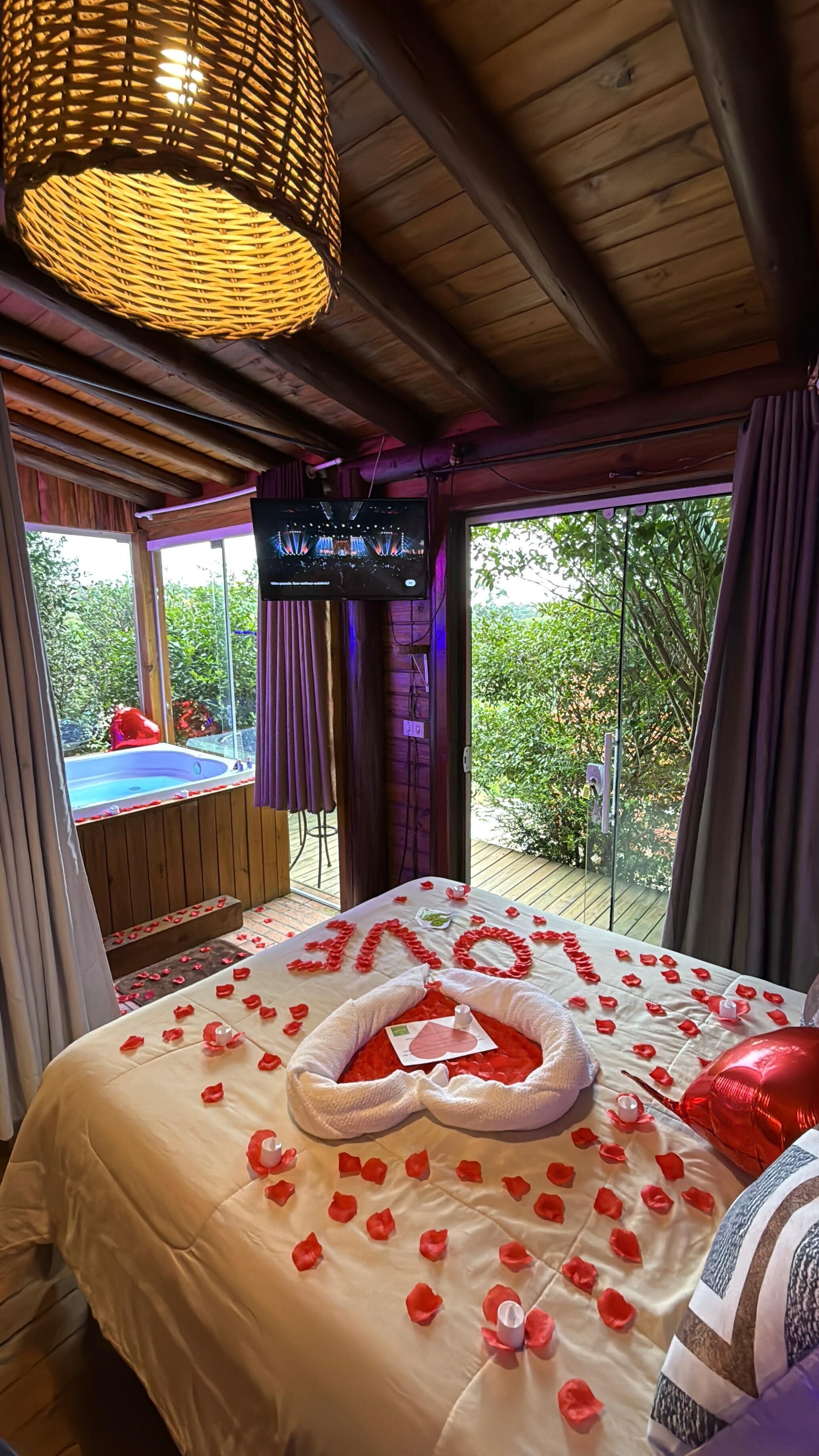 Une chambre chaleureuse avec un lit paré de pétales de roses et un oreiller en forme de cœur, un jacuzzi et une télévision.