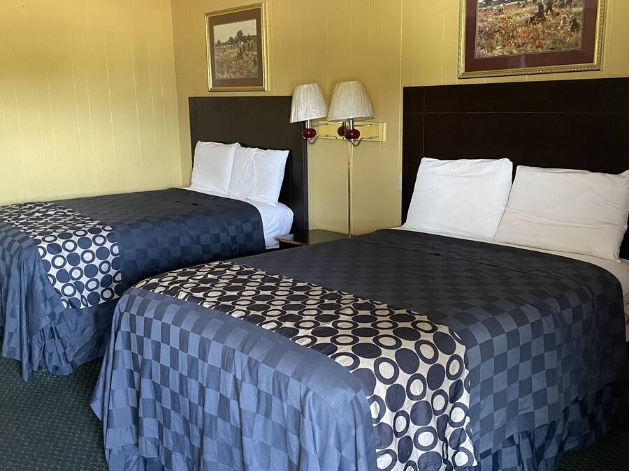 A hotel room with two beds, each with a patterned bedspread and white pillows. There is a nightstand with a lamp between the beds. The room has yellow walls and a ceiling with a grid pattern.