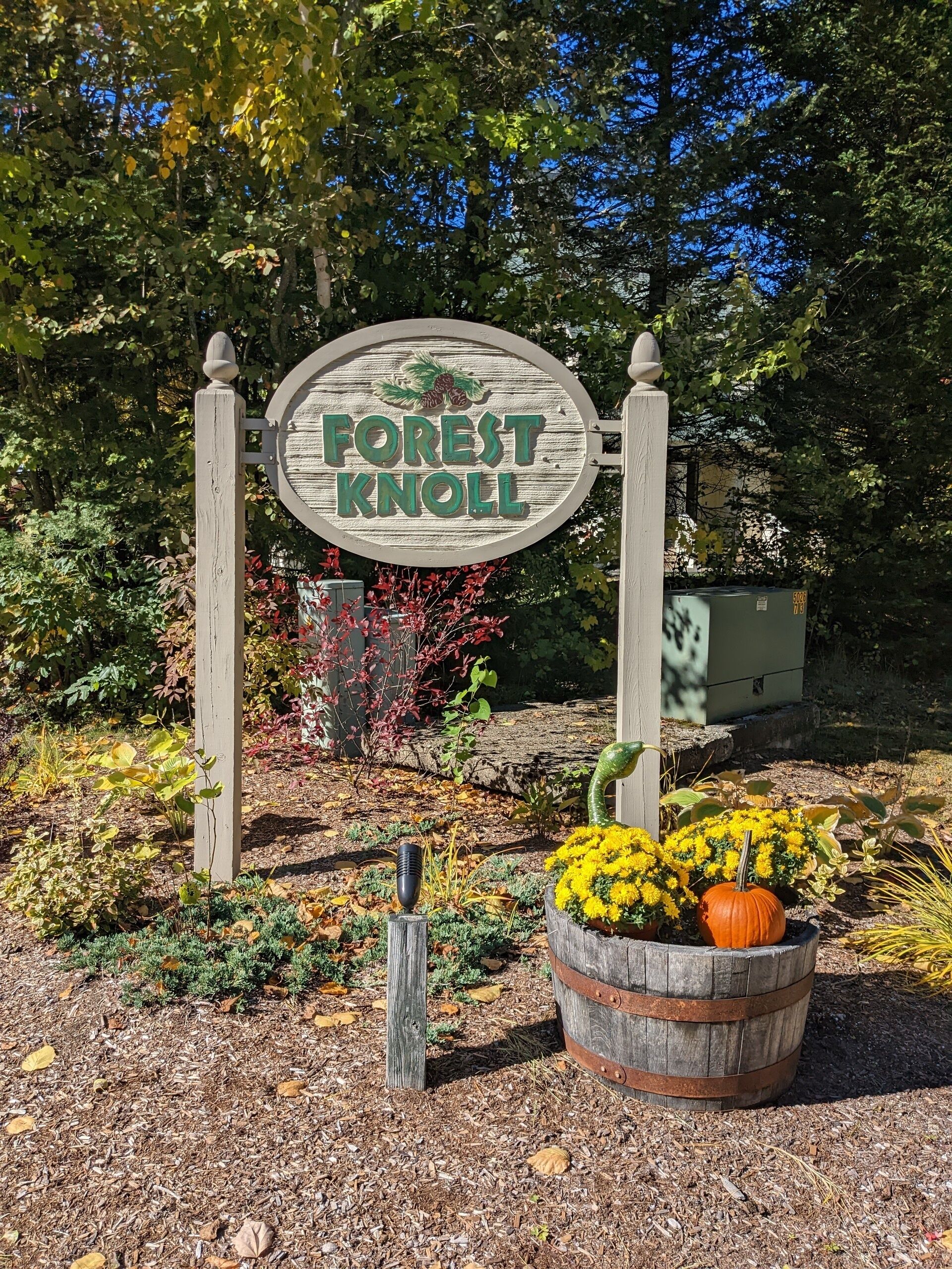 Ein hölzernes Schild mit der Aufschrift „FOREST KNOLL“, umgeben von Herbstlaub und einem dekorativen Kürbis.