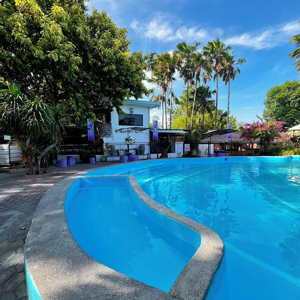 Una piscina de borde curvo, rodeada de palmeras y un edificio blanco con el rótulo 'Sunset Resort'.