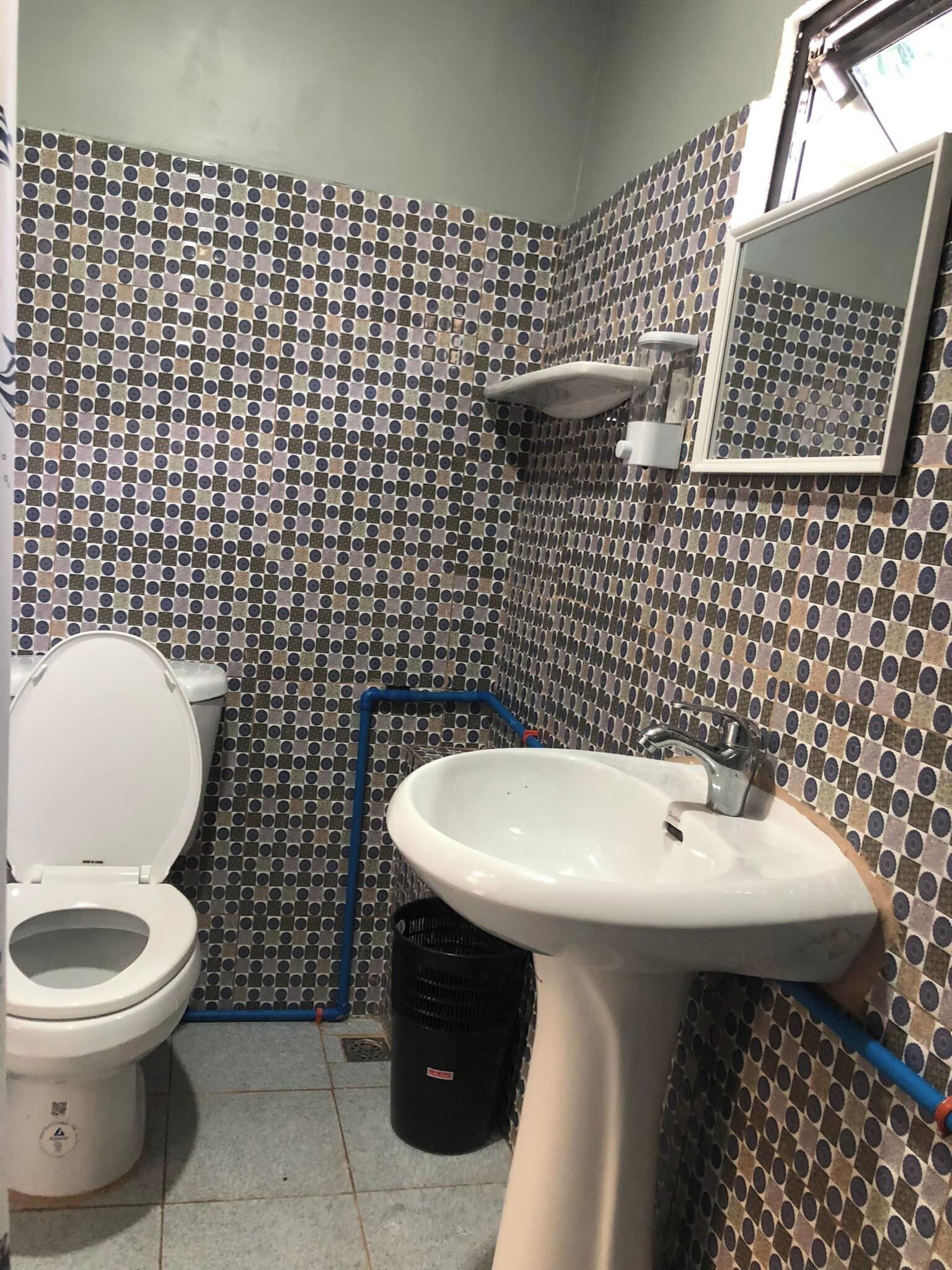 A bathroom with a toilet, sink, and mirror.