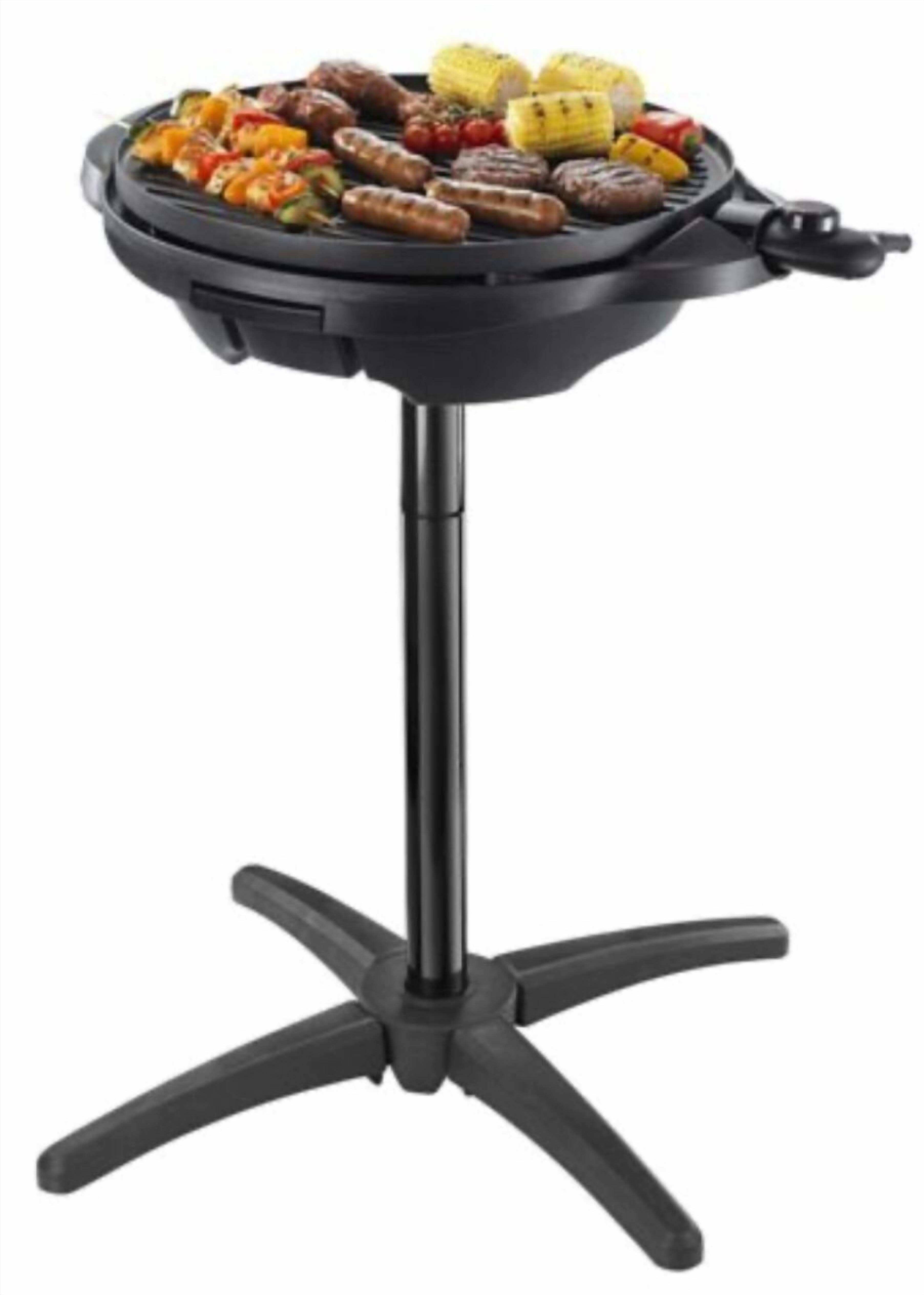 En portabel grill med en rund grillplatta, ett handtag och ett stativ med fyra ben.