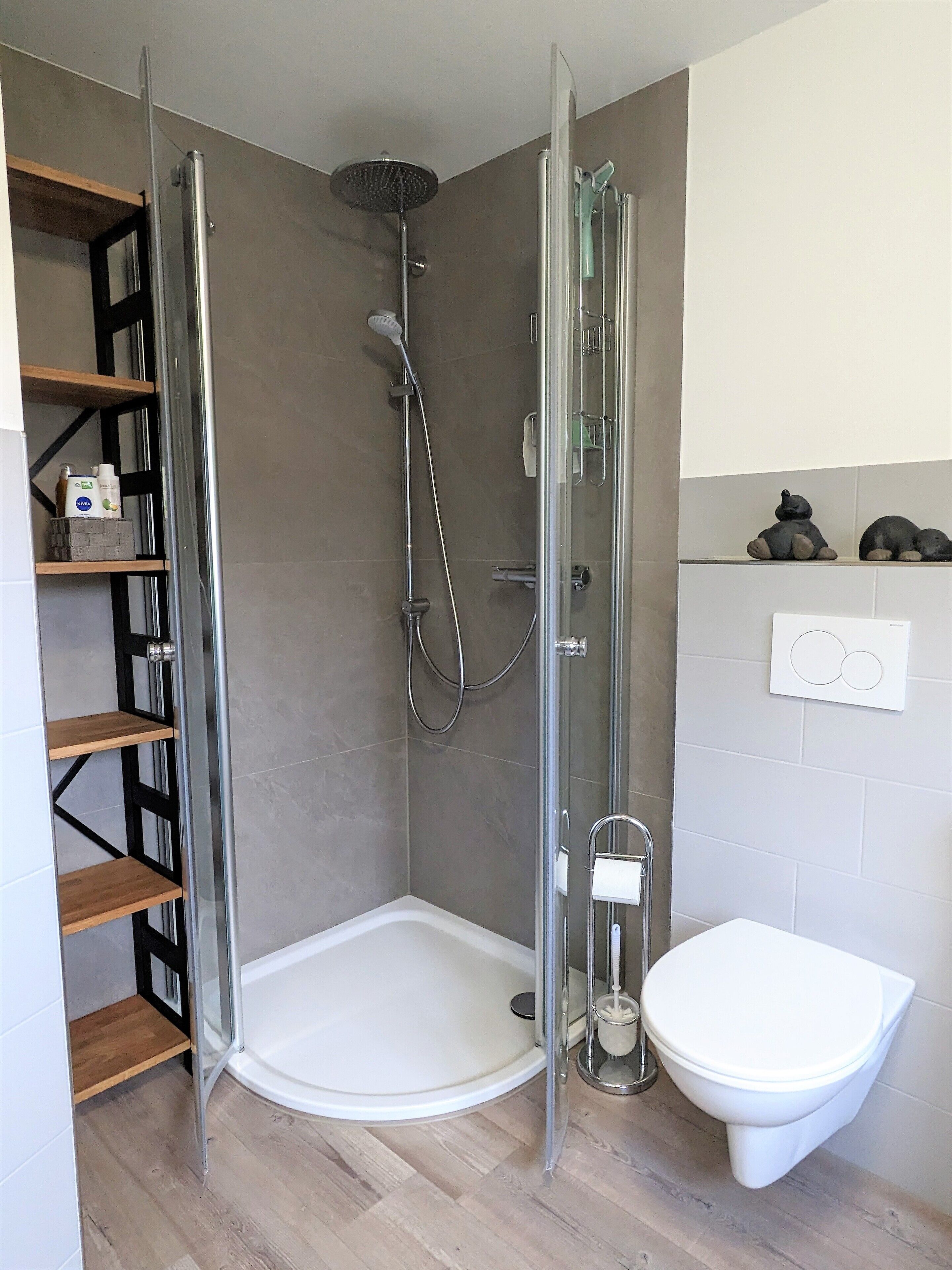 A modern bathroom with a glass-enclosed shower, a white toilet, and wooden shelves.