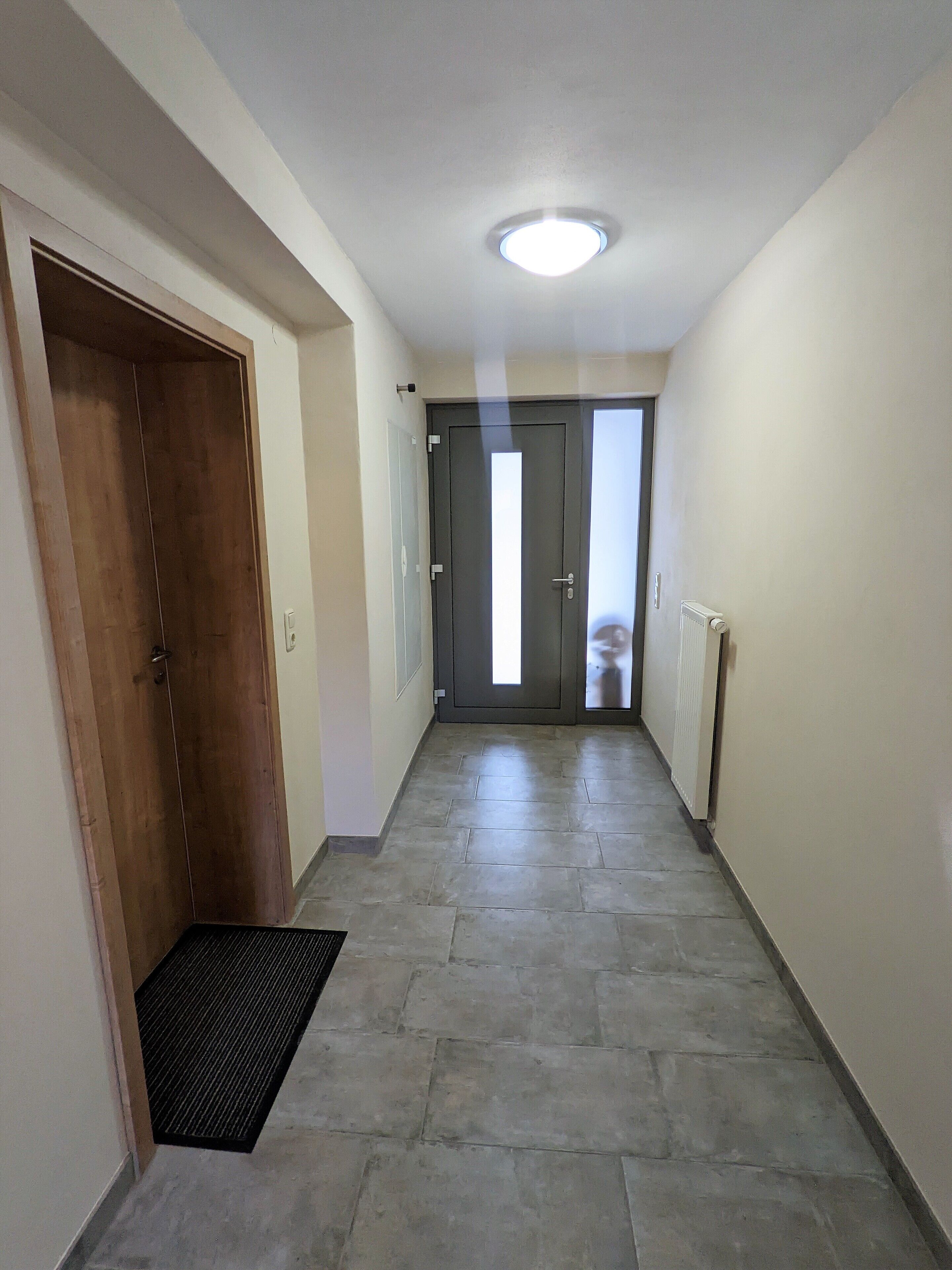 A hallway with a wooden door, a black mat at the entrance, and a radiator on the right.