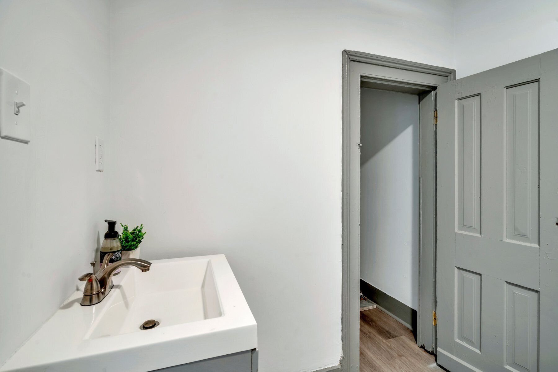 A bathroom with a white sink, a small potted plant, and a door leading to another room.