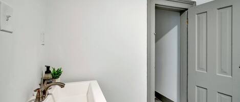 A bathroom with a white sink, a small potted plant, and a door leading to another room.