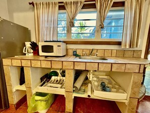 Fridge, microwave, coffee/tea maker, electric kettle