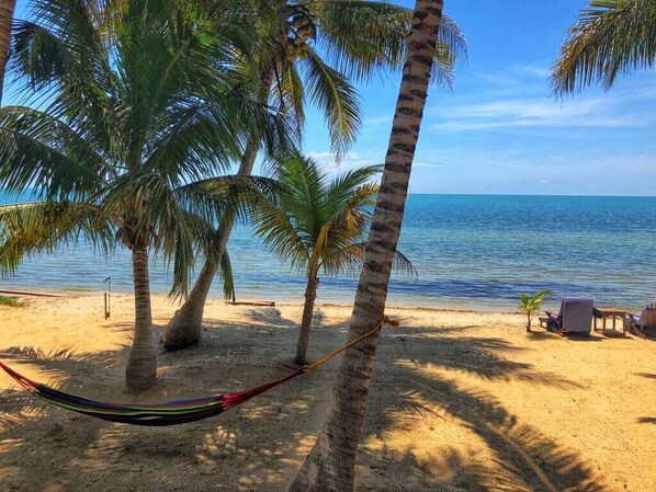 On the beach, sun loungers, beach towels