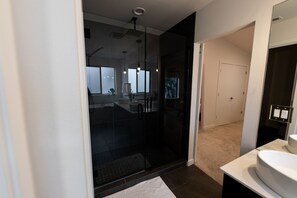 Combined shower/bathtub, towels, soap, shampoo