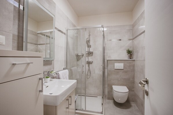 A modern bathroom with a glass shower enclosure, a white sink, and a toilet.