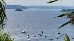 A coastal view with boats on the water and greenery in the foreground. -  Spectacular View Luxury Villa,  Overlooking Ocean at Bahia Pez Vela Resort (Guanacaste Province)