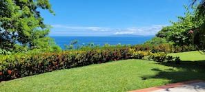 Un exuberante jardín con vista al océano.