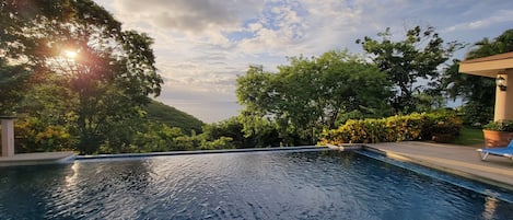 A swimming pool with a view of the sea, surrounded by lush greenery and a clear sky.