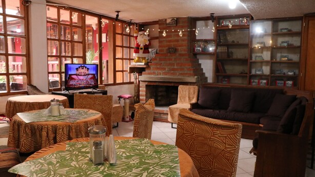 A cozy living room with a fireplace, comfortable seating, and a television. - Hostal La Catolica (Quito)