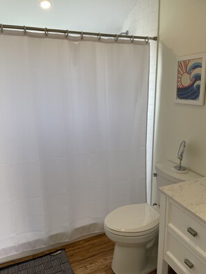 Bathroom features a shower, toilet, sink, and mirror.