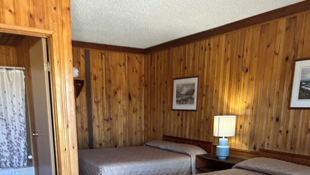 A room with wooden walls, two beds, a nightstand with a lamp, and a door leading to a balcony.
