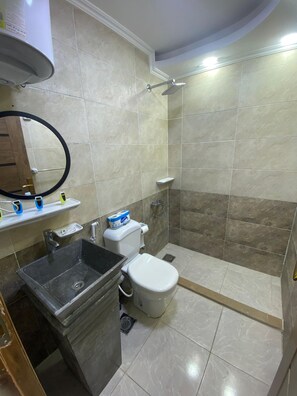 Combined shower/bathtub, designer toiletries, hair dryer, bathrobes