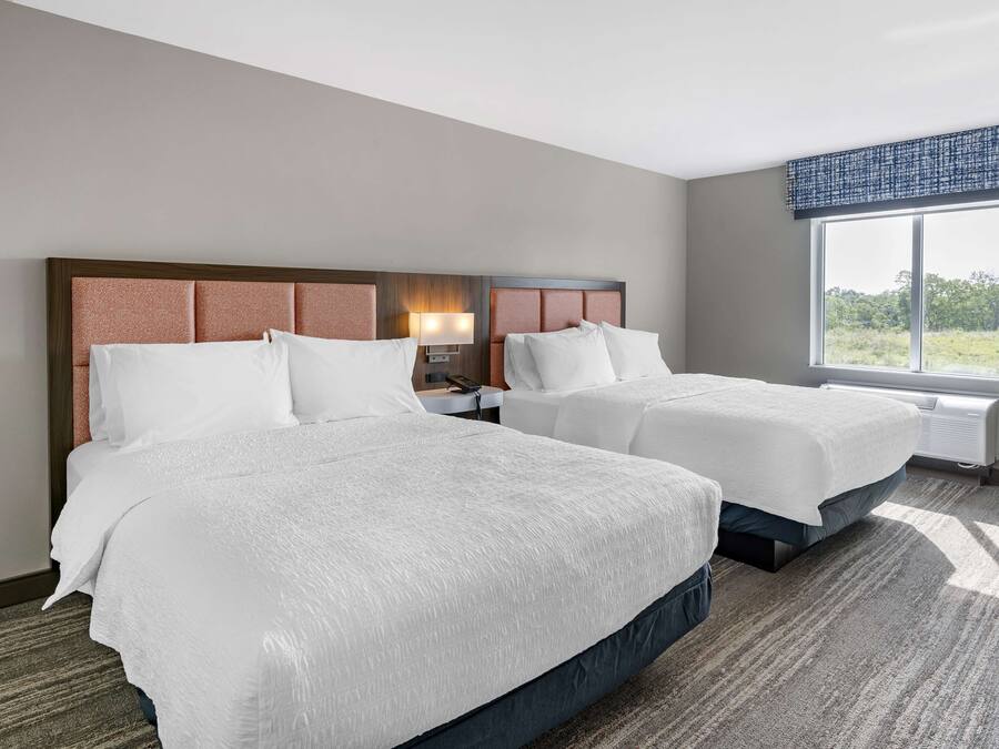 Quarto de hotel com duas camas, uma janela grande com vista, mesa de cabeceira com abajur e piso carpeteado.