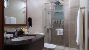 A modern bathroom with a glass-enclosed shower, a marble sink, and a toilet.