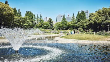 A park with a water fountain, a pond, and a cityscape in the background.