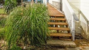 Edificio blanco con escalera de madera que conduce a una puerta, rodeado de vegetación y con vista a un cuerpo de agua.