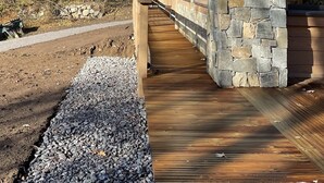 Una cabaña de madera con base de piedra, un muelle de madera y vistas a un paisaje montañoso.