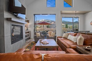 TV, fireplace, books, stereo