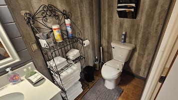 A compact bathroom with a toilet, a metal rack with toiletries, and a small sink.