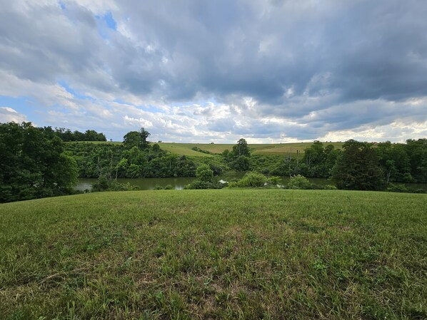 A grassy field with a river and trees in the background.