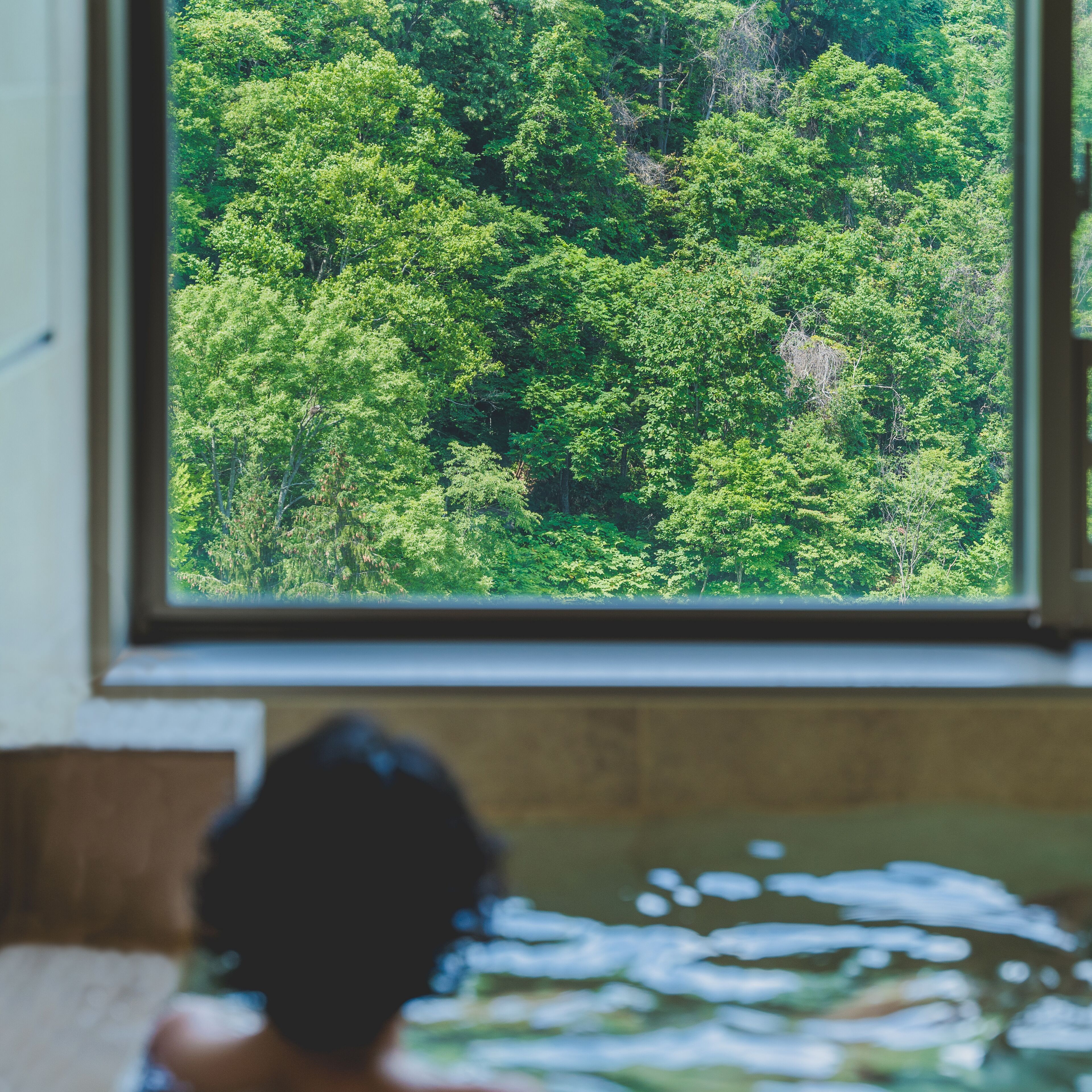 A person sitting in a bathtub with a view of a dense forest through a window.