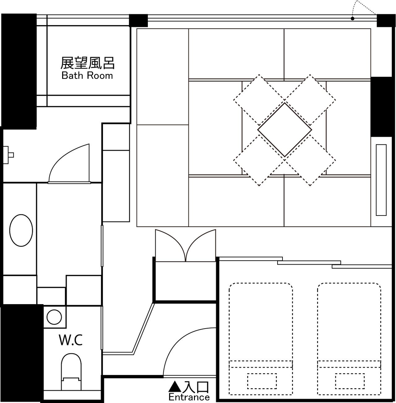 A floor plan of a hotel room with a bathroom, W.C., and an entrance.