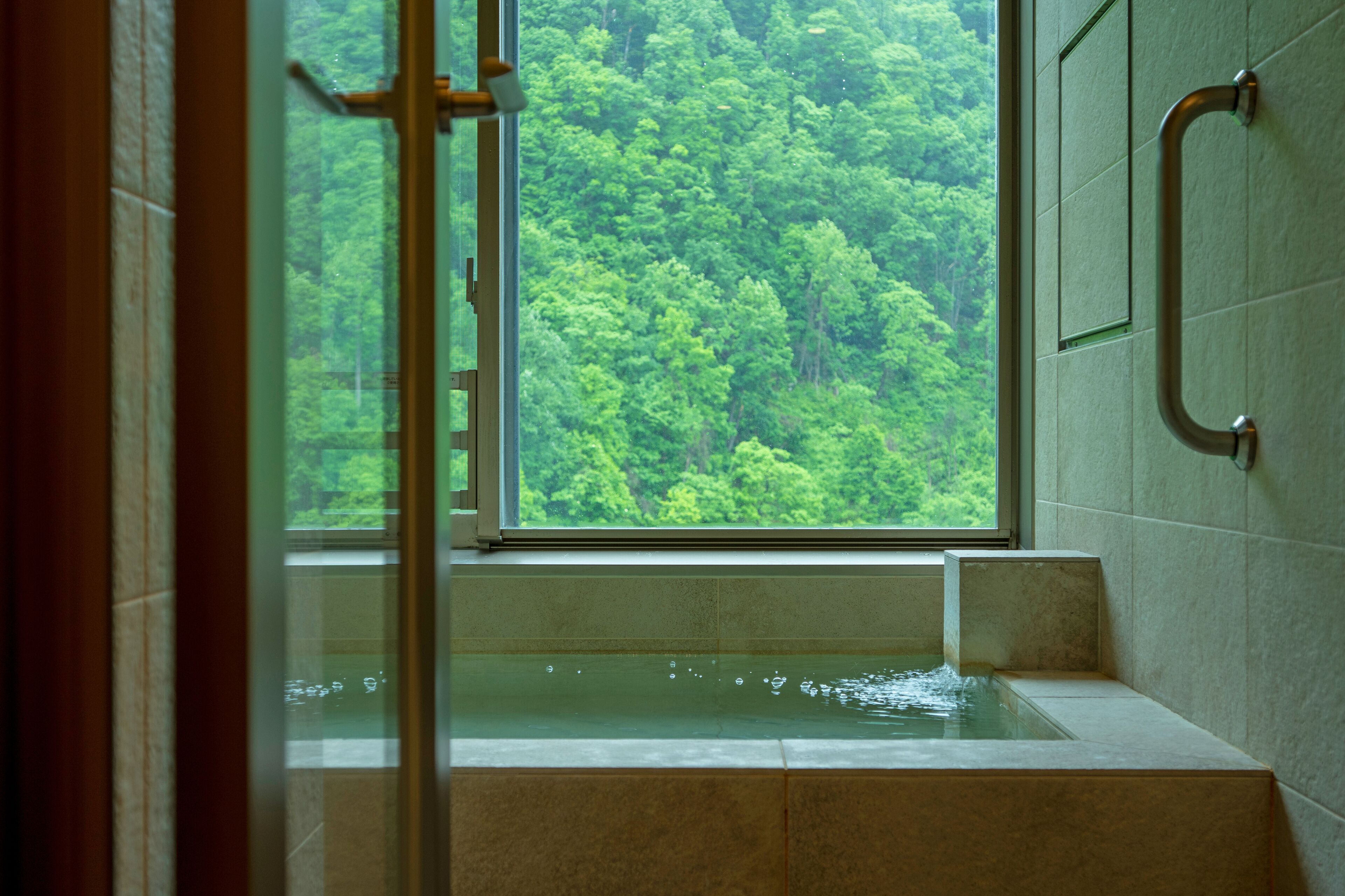Una bañera con vista a un bosque por la ventana.