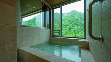 Combined shower/tub, spring water tub, hair dryer, bathrobes