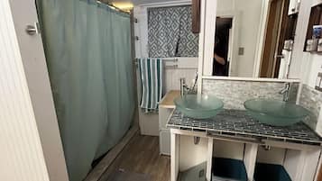 Shower, towels, toilet paper