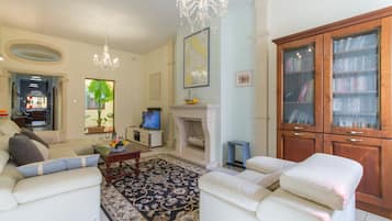 Télévision, cheminée, lecteur de DVD, livres