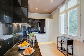 Fridge, oven, stovetop, cookware/dishes/utensils - Appartement Baous 300m de la mer, Beaulieu sur Mer, France (Beaulieu sur Mer)